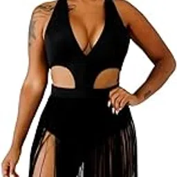 ezloot Women's Sexy Halter Backless Bathing Fringe One Piece Swimsuit (Meduim, 1) Black-picture-10