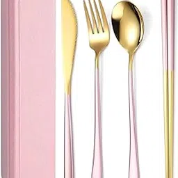 FIOLA 4 Piece Premium Gold Plated 304 Stainless Steel Knife Fork Spoon Chopstick Set with Case Flatware Dinnerware Cutlery Tableware Set (Gold Pink)-picture-27