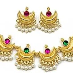 Navadurga Chandra Design Gold-Plated Necklace & Earrings Set with Pearls & Multi-Color Stones – Traditional Moon Shape Jewellery Set for Women-picture-53