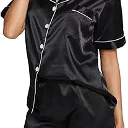 pleasing strings Women's 2pcs Silk Satin Button Down Short PJ Set-picture-46