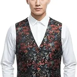 Floral Pattern Vest for Men, Black with Red Flowers, Blue Accents, Formal Dress Waistcoat-picture-47