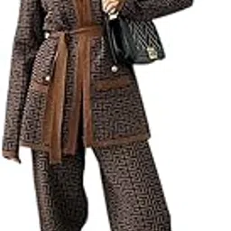 shakuntlam fashion house SFH Fashion Black and White Geometric Printed Co-Ord Set - Belted Long Jacket, Wide-Leg Pants, and Cami Top - Stylish Winter Wear for Parties and Casual Outings-picture-10