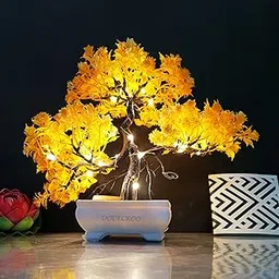 Dodecroo® Small Artificial Bonsai Plant with Pot LED (24cm) Modern Japanese Tree, Mini Indoor Potted Houseplants Small Artificial Plant for Home Decor, Office, Room, Compuer Table (Yellow Tree) image 1