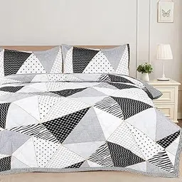 Amazon Brand - Umi 100% Cotton Quilted/Ultrasonic 280 Tc Printed King Size Soft Bed Cover/Bedsheet/Bedspread Comforter with 2 Pillow Shams/Cover, (Luxurious, 90 x100 inches, White & Grey & Black) image 1
