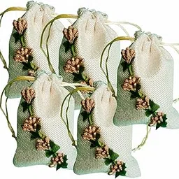 BERRYCRAVE Jute Linen Potli With GOLDEN POLLEN MOTIFF | Return Gifts Pouch | Wedding Gift | Jewellery | Ring | Shagun Coins | Drawstring Closure - 15 X 10 Cm - SET OF 5 (GOLDEN POLLEN D)-picture-16