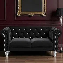 Chesterfield-Style Loveseat Velvet 2 Seater Sofa for Living Room & Bedroom, Hallway, (Black)-picture-19
