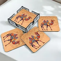 P Arts Wooden Coasters for Cups Set of 6 - Designer Camel Coster Set for Dining Table for Hot Pots, Dining Table Decor Accessories-picture-20