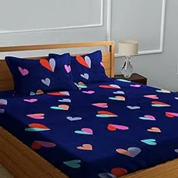 DECORUM Heart Print Double Bedsheet Set | 228 x 220 cm Cotton Blend Bedsheet with 2 Pillow Covers | Navy Blue Colorful Love Pattern | Soft & Durable Bedding for Bedroom Decor | Romantic Gift Idea-picture-22