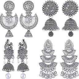earrings for women fashion jhumka oxidised Silver Earrings for women Combo chandbali pearl chandbali stylish jhumkas traditional Earrings For girls South indian traditional Ear Rings -M134-image-32