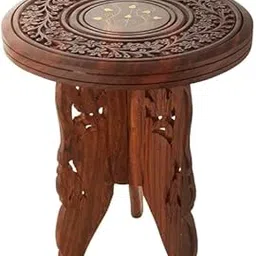 Handcrafted Wooden Side Table with Brass Inlay, Round Floral Carved Design, Traditional Indian Style, Sheesham Wood Foldable Plant Stand-image-95