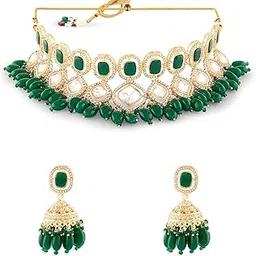 zaveri pearls Green Stones Cluster Beads Drop Austrian Diamonds Embellished Choker Necklace & Earring Set For Women-ZPFK18056-picture-29