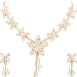 Rose Gold Floral Mesh Jewellery Set for Women | White Stone Necklace with Earrings | Designer Bridal Necklace Set for Girls | Ethnic Jewellery for Wedding & Party-picture-36