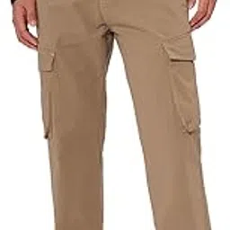 Solids: Dark Beige Men and Boys Buttoned Slim Fit Cotton Cargo Pants-image-6