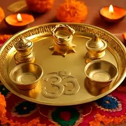 AROU NEST Traditional 5-Piece Brass Pooja Thali Set with Decorative Border | Gold Tone Religious Worship Accessories for Spiritual Ceremonies-picture-11