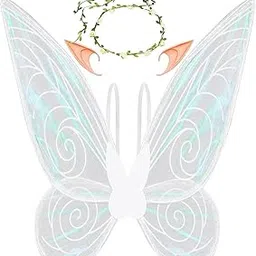 PATPAT Fairy Wings For Girls For Kids 5+ Years,Butterfly Wings For Baby Girl Butterfly Theme Birthday Party Decorations With Elf Ears Angel Wings Flower Garland For Decoration,Halloween Costume,White-picture-32