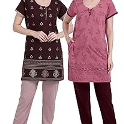 d-line collection Women's Cotton Printed Nightwear Set Long Top & Pajama with Buttoned Neck Design (2950)-picture-25