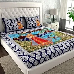 Abhaclotho 100% Cotton Double Bedsheet with 2 Pillow Covers, 144 TC, Traditional Print Design Bed Size/Queen Size, 90"x100", Navy Blue and Multicolour-picture-33