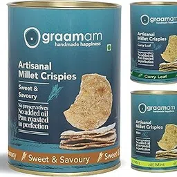 GRAAMAM Artisanal Millet Crispies Combo – Sweet & Savoury, Mint & Curry Leaf Flavours | Healthy Snacks | No Preservatives | No Added Oil | Pan Roasted to Perfection | Handmade Happiness | 3 x 150g-image-90