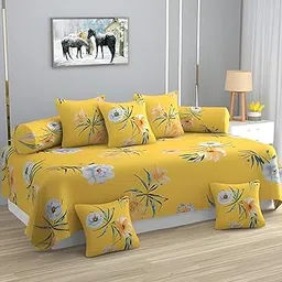 TYLORSTYLE® Soft Glace Cotton Designer Printed Diwan Set, 1 Single Bedsheet, 2 Bolster Covers, 5 Cushion Covers (Yellow, Standard) - 8 Piece-image-7