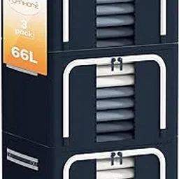 Furnhome Clothes Storage Organizer Bins, Stackable Storage Bins-Foldable Oxford Cloth Steel Frame Storage Box For Clothing With Clear Window & Reinforced Handles (Navy, 66L,3Pcs), Fabric-picture-29