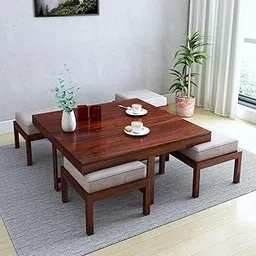 Lignum Arts Furniture Sheesham Wood Coffee Table with 4 Stools Wooden Tea Tables Solid Wood Center Table for Living Room Home Office, Honey Finish-picture-29