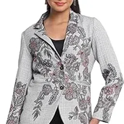 Grey Notch Lapel Collar Floral Print Long Sleeves Casual Blazer for Women-image-22