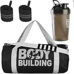 GROUPERS Duffle Canvas Bag with Shaker Bottle-400ml & Wrist BandlSports & Travel BaglSports Kitl (Black)-picture-11