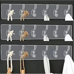 MORVIKA (Pack of 3) 6 in 1 Self Adhesive Wall Hooks, Heavy Duty Sticky Hooks for Hanging, Waterproof Transparent Adhesive Hooks for Wall, Wall Hangers for Hanging Kitchen Bathroom Bedroom Accessories-picture-13