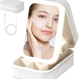 Portable LED Makeup Mirror with Storage Box, USB Rechargeable, Touch Control, White, Travel Vanity Organizer-picture-52