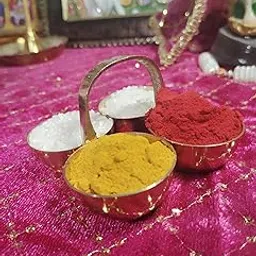 MAHSON Traditional Brass Pooja Katori Set with Handle, Roli Chawal Haldi Kumkum Bowls, Gold, 7.5x7.5 cm, for Temple Worship Chowmukh Small-image-59