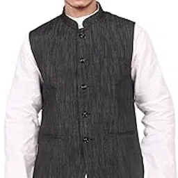febri Classic Textured Cotton Blend Nehru Jacket, Traditional Waistcoat with Button Front, Black, Formal Wear-picture-28