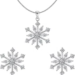 highspark 925 Silver Classic Snowflake Solitaire Necklace Pendant Earrings Set| 92.5 Sterling Silver and Diamond like Brilliance Sparkling Zirconia | Lovely Gift - Classic Snowflake-picture-56