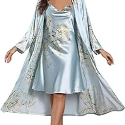 Women’s Luxury Satin Nightwear Set with Floral Print – Elegant Short Nightdress and Matching Long Robe, Soft Silky Sleepwear for Women, Perfect for Night, Lounge & Bridal Wear-image-4