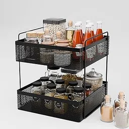 Kuber Industries 2-Tier Metal Square Kitchen Rack Stand Organiser | Countertop Organizer Kitchen Bathroom Standing Rack | Spice, Oil, Masala, Cosmetics & Bathroom Vanity Storage Rack Shelf | Black image 1