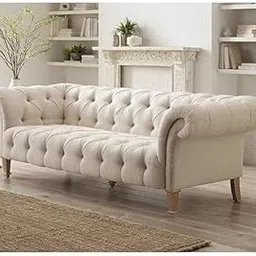 DECOR IMPEX FURNITURE Modern and Stylish 3 Seater Chesterfield Luxury Sofa with Valvet and Fabric Comfortable Sofa for Living Room, Dining Room, Hallway, and Office-(Beige).-image-82