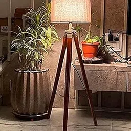 Modern Wooden Tripod Floor Lamp with Beige Fabric Shade, Contemporary Living Room Standing Light, Home Decor-picture-41