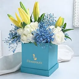 FlowerAura Fresh Live Flower Bouquet of 15 White Rose & 2 Yellow Lillies In FA Box For Birthday Gift, Anniversary Gift, Wedding Gift, Congratulations Gift & Special Occasions Gift (Same Day Delivery)-picture-16