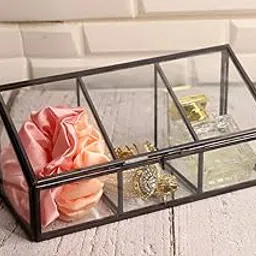 Spaziomaker Collection 3 Compartment Black Vintage Glass Lid Rectangle Jewelry Box, Clear Glass & Brass Metal Storage Jewelry and Cosmetic Makeup Organizer, Jewellery Organisers - Pack of 1-image-1