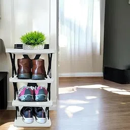 Go Hooked Shoe Rack 4-Tier Durable Plastic Organizer with Modern Black & White Design Lightweight Storage for Shoes, Sneakers and Sandals Easy to Assemble with Anti-Slip Frame for Stability-image-1