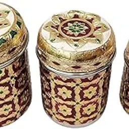 Handicrafts Meenakari Steel Dabba Box Set Decorative Stainless Steel Container Box 500 gms (Set of 3)-picture-29