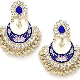 karatcart Gold Plated Lotus Design Royal Blue Meena Kundan Dangler Earrings for Women-picture-27