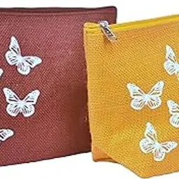 Utility Cosmetic Jute Pouch Butterfly Jute Pouch for Men & Women Pencil Pouch Travel Organizer Dopp Kit with Zipper (Pack of 2) (Maroon & Yellow)-picture-15