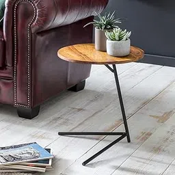 GF Furniture Modern C-Shape Side Table | Round Sheesham Wood Top with Metal Frame | Sofa Bedside Table | Space Saving End Table for Living Room & Bedroom (40x46 cm)-picture-14