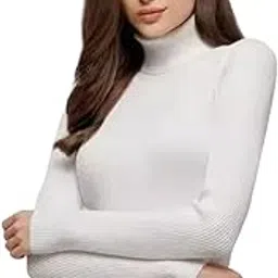 Women’s White Ribbed Turtleneck Long Sleeve Slim fit Knit top Cotton Blend high Neck for Casual Winter Wear-picture-34