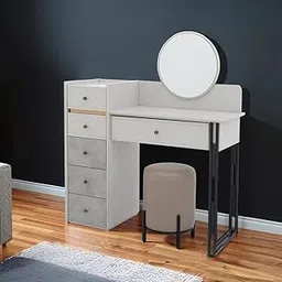 Royaloak Zurich High Gloss Dresser with Ottoman | HDF with High-Gloss Reflective Finish | Gold Plated Design Element | Multiple Drawer Storage | Modern Metal Knobs | Telescopic Channels | Round Mirror-image-70