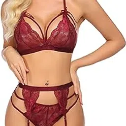 guso shopee Women Lingerie Set Lace Teddy Strap Babydoll Bodysuit with Garter Belts and Stocking Maroon-picture-13