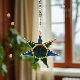 Inaya Handicrafts Decorative Hanging Star Lantern, 20 cm, Blue and Green Glass with Gold Frame for Decoration Home and Living Room Outdoor and Indoor for Festival and Lightening-image-72