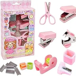 FunBlast Mini Stapler Stationery Set – Compact & Portable Stapler with Staples and Remover and Other Accessories, Cute & Durable Desk Accessory for School, Office, and Home (Pink) image 1