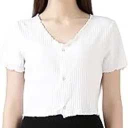 filmode Premium Rib Fabric V-Neck Button Down Crop Top, Soft, Stretchy, Half Sleeves, Ruffled Hem, Regular Fit-picture-49