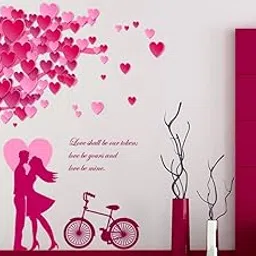 Decals Design 'Romantic Couple Under The Heart Leaves Tree and Love Quote with Bicycle' Wall Sticker (PVC Vinyl, 90 cm x 60 cm, Multicolour)-picture-32